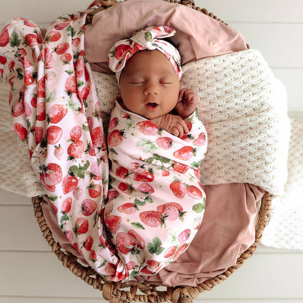 Snuggle Hunny Strawberry Organic Jersey Baby Wrap & Topknot Set