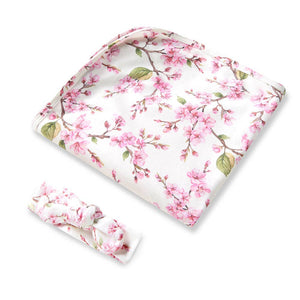 Snuggle Hunny Cherry Blossom Organic Jersey Newborn Baby Wrap & Topknot Gift Set