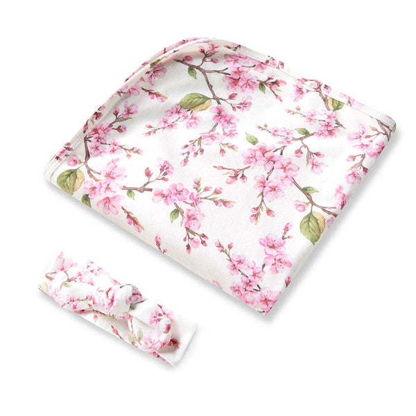 Snuggle Hunny Cherry Blossom Organic Jersey Newborn Baby Wrap & Topknot Gift Set