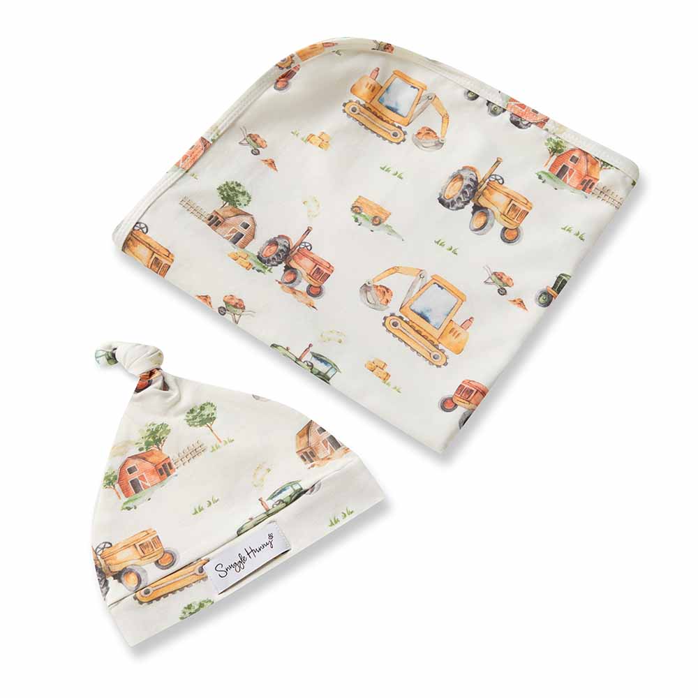 Diggers & Tractors Newborn Organic Wrap & Beanie Baby Gift Set