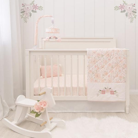 4 piece Meadow Blush Floral Cot Comforter Nursery Set & Bonus Emma Rattle