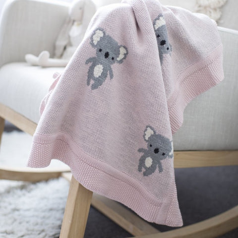 Pink Koala Organic Cotton Baby Blanket & Bonus Emma Heart Shaped Rattle