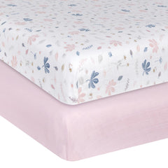 Organic Muslin 2 pack Girls Cot Fitted Sheets Botanical Blush & Bonus Emma Baby Rattle