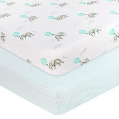 2 pack Jersey Cot Fitted Sheet Elephant Dream Big & Aqua Stripe