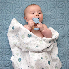 Organic Muslin Swaddle Wrap & Teether Gift Set in Banana Leaf / Teal