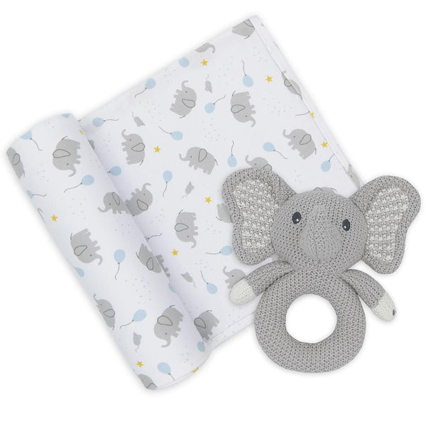 Mason Elephant 2 Piece Jersey Cotton Swaddle & Rattle Gift Set