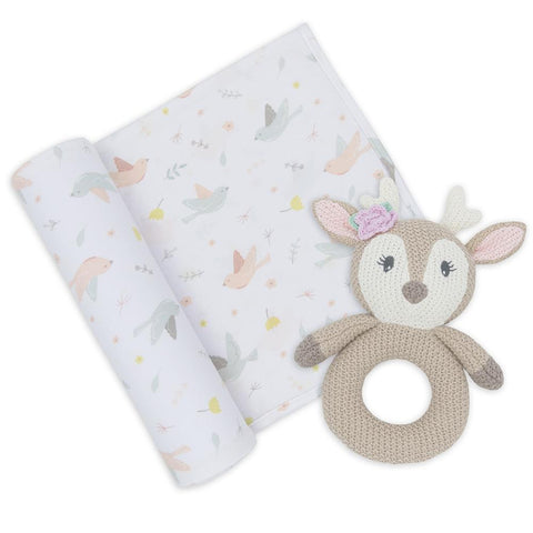 Ava Fawn 2 Piece Jersey Cotton Swaddle & Rattle Gift Set
