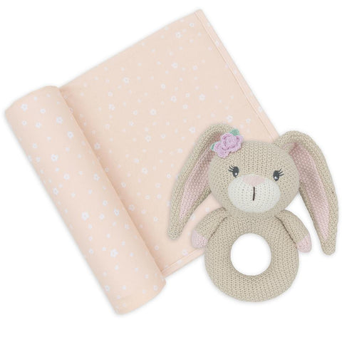 Floral Bunny 2 Piece Jersey Cotton Swaddle & Rattle Gift Set & Bonus Emma Rattle