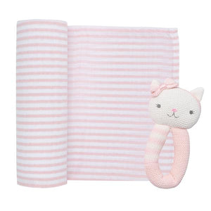 2 Piece Pink Daisy Cat Rattle & Blush Stripe Muslin Swaddle Gift Set