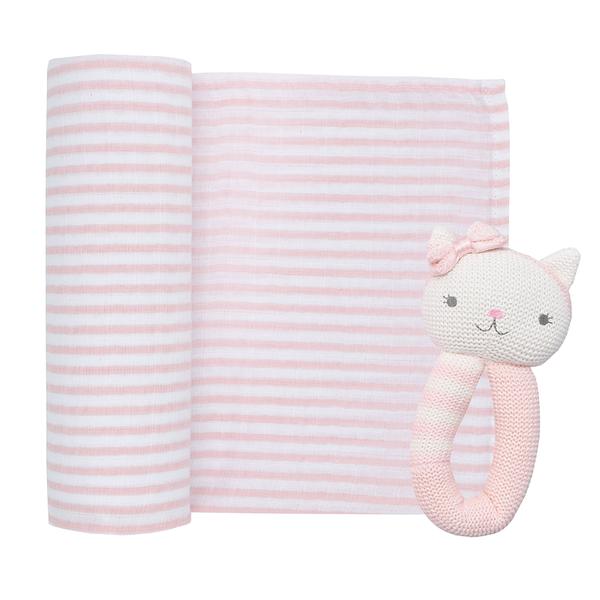 2 Piece Pink Daisy Cat Rattle & Blush Stripe Muslin Swaddle Gift Set