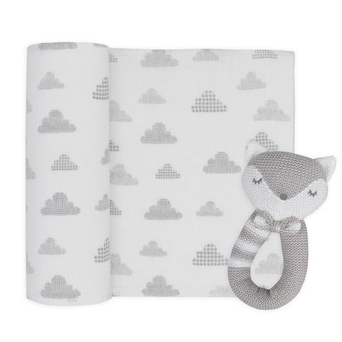 2 Piece Fox Rattle & Grey Cloud Muslin Swaddle Wrap Gift Set