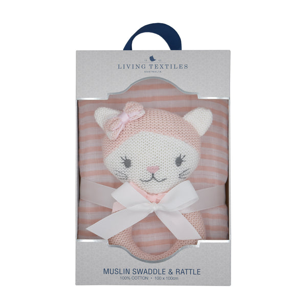 2 Piece Pink Daisy Cat Rattle & Blush Stripe Muslin Swaddle Gift Set