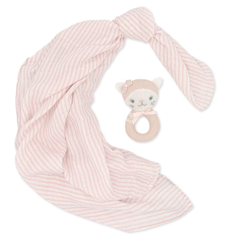 2 Piece Pink Daisy Cat Rattle & Blush Stripe Muslin Swaddle Gift Set
