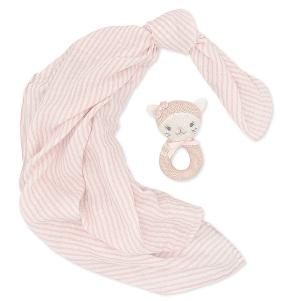 2 Piece Pink Daisy Cat Rattle & Blush Stripe Muslin Swaddle Gift Set