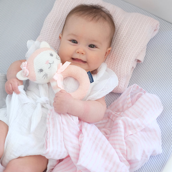 2 Piece Pink Daisy Cat Rattle & Blush Stripe Muslin Swaddle Gift Set