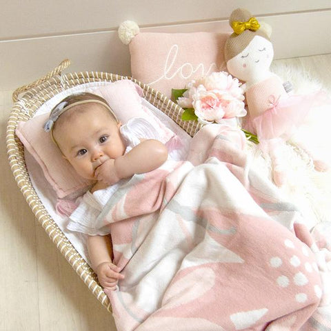 Pink Floral 100 % Cotton Meadow Baby Bassinet Pram Blanket & Bonus Emma Heart Rattle