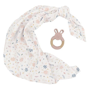 Organic Muslin Swaddle Wrap & Teether Gift Set in Botanical