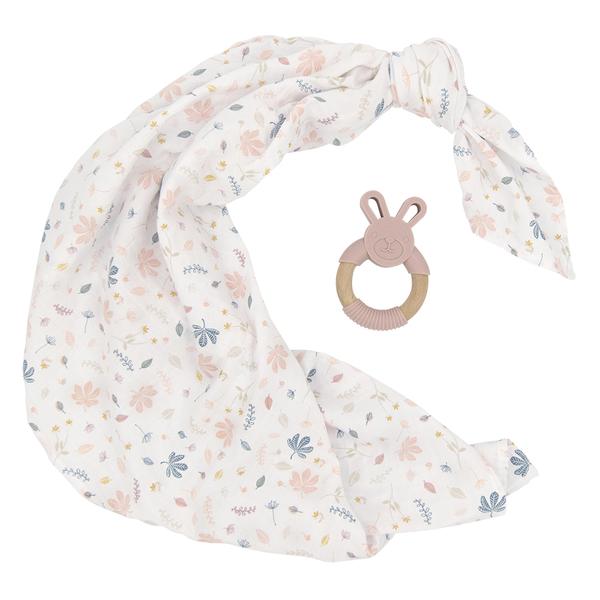 Organic Muslin Swaddle Wrap & Teether Gift Set in Botanical