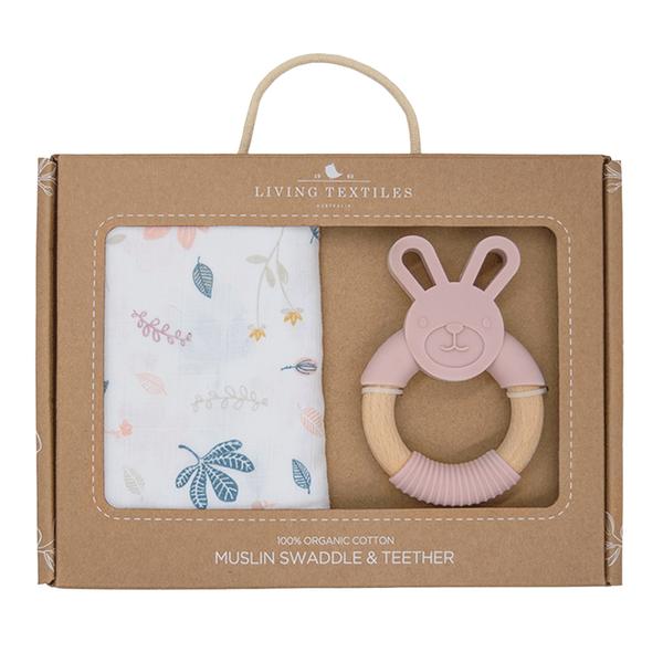 Organic Muslin Swaddle Wrap & Teether Gift Set in Botanical