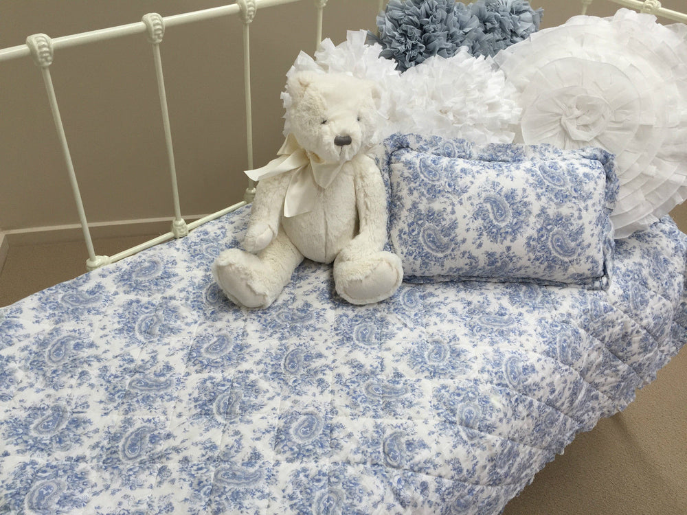 Blue Provincial Cot Quilt & Cushion Cover Set Nursery Bedding