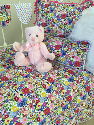 3 pce Primrose Floral Cot Quilt Decorator Cushion & Bunting Flags Package