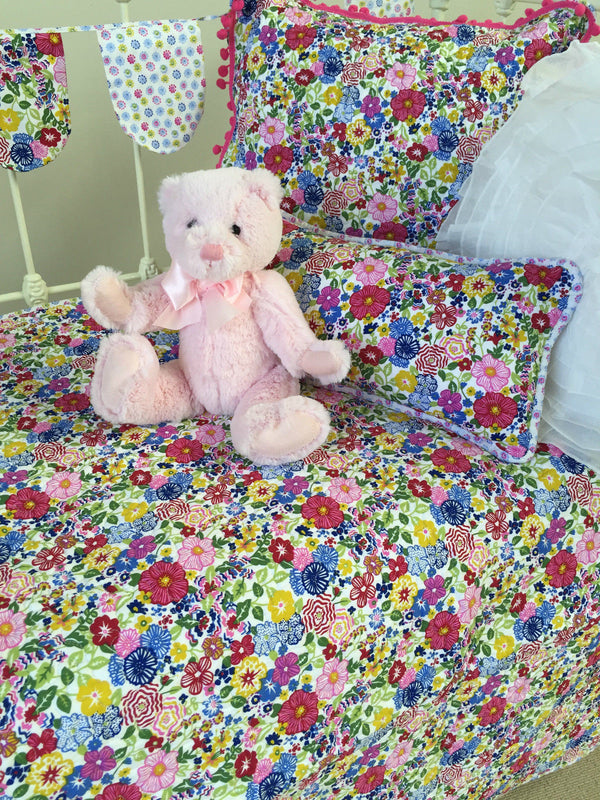 3 pce Primrose Floral Cot Quilt Decorator Cushion & Bunting Flags Package