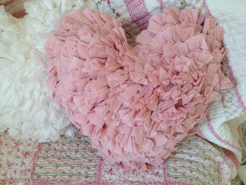Shabby Chic Ruffle Heart Cushion in Pink White or Blue