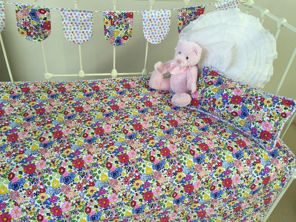3 pce Primrose Floral Cot Quilt Decorator Cushion & Bunting Flags Package