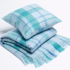 Santorini Blue & Teal Multi Check Acrylic Throw Rug with Fringe