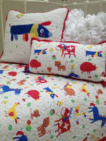 3 Pce Farmyard Cot Quilt Coverlet / Square Cushion Cover & Filled Decorator Cushion