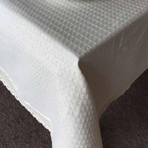 Natural Waffle Weave Table Cloth with Lace Trim