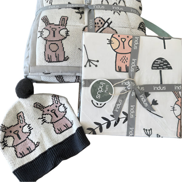 3 pce Belle Bunny Baby Play Mat Blanket Quilt / Swaddle Wrap & Hat Package
