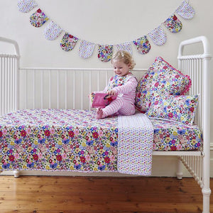 3 pce Primrose Floral Cot Quilt Decorator Cushion & Bunting Flags Package