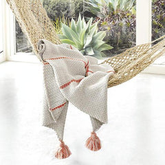 2 Piece Cotton Chunky Knit Tassel Throw Rug & Cushion Set – Natural Flint & Pumpkin