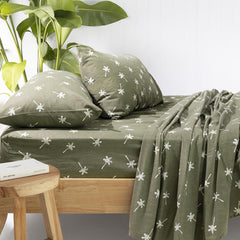 Cocos Palm Tree King Single Cotton Flannelette Green Sheet Set