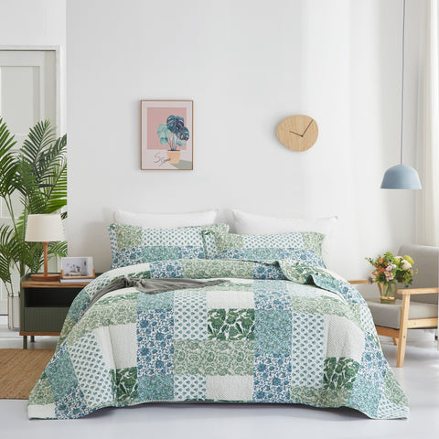 Green & Blue Multi Printed Patchwork King Bed Coverlet & Pillow Cases Bedcover Set