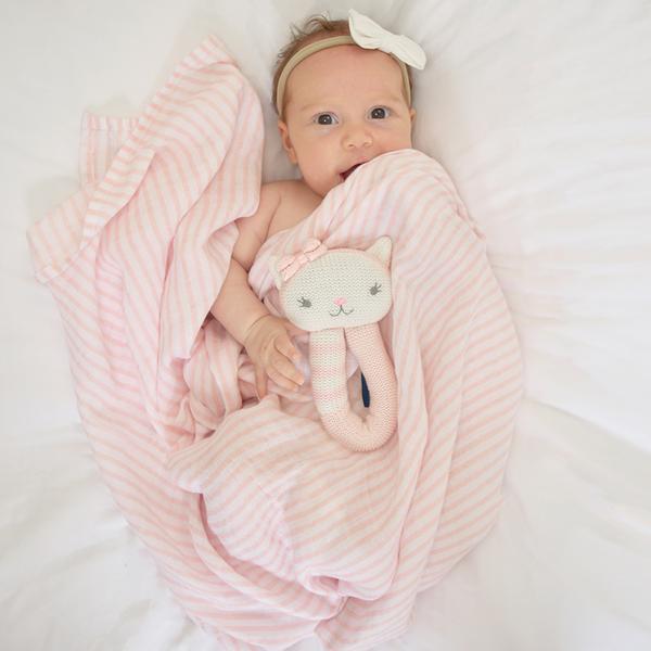 2 Piece Pink Daisy Cat Rattle & Blush Stripe Muslin Swaddle Gift Set