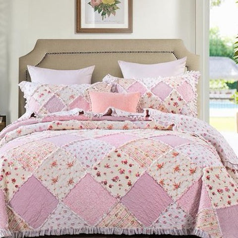Pink Floral Patchwork Sarah Rose Ruffle Quilted Coverlet Bedcover Set Available in 4 Sizes