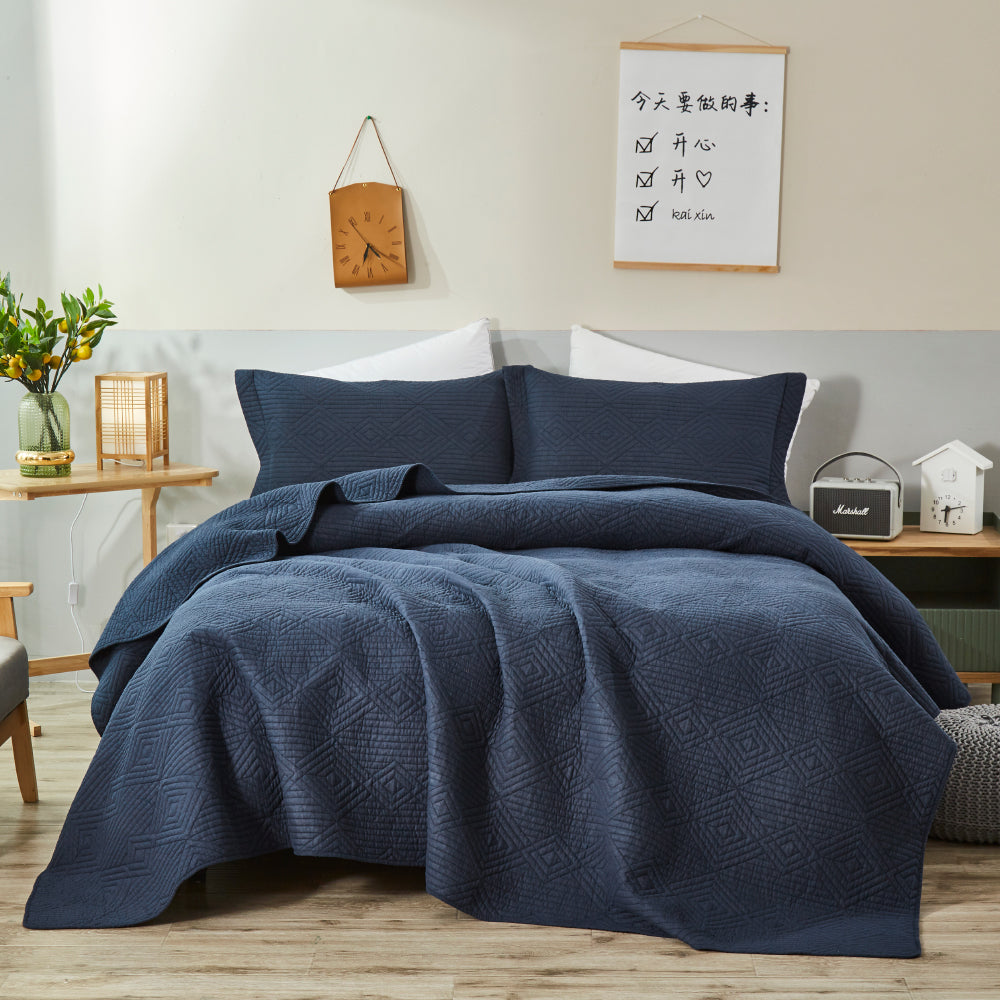 Diamond Navy Cotton Quilted Coverlet Bedcover Set Available in 4 Sizes
