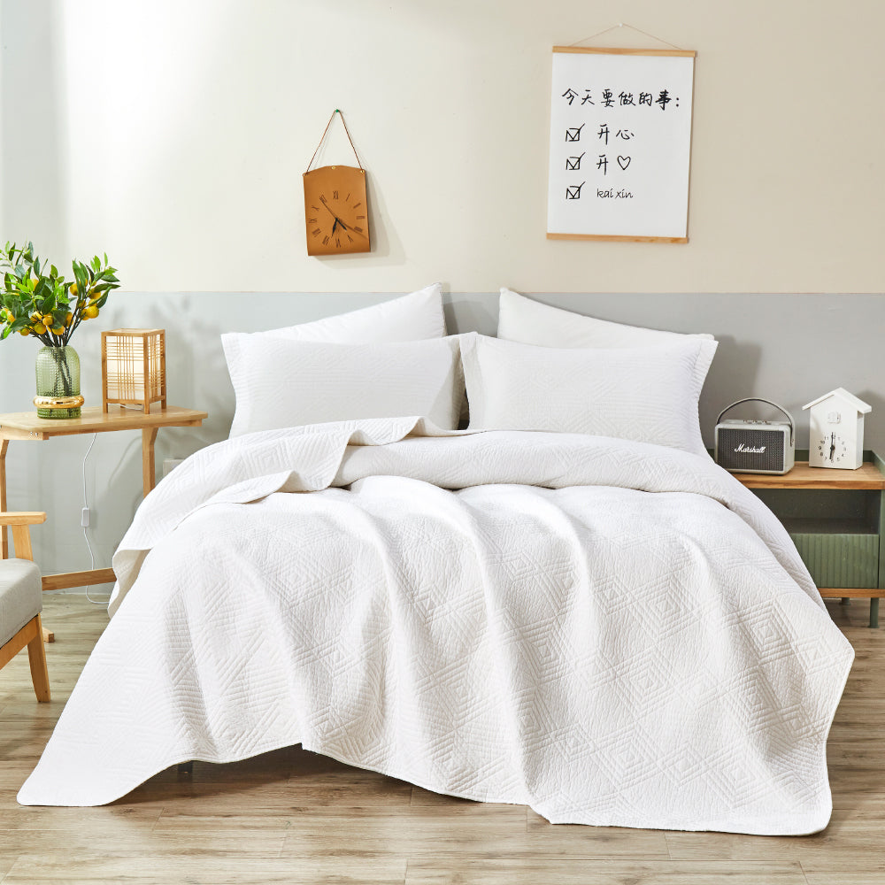 Diamond White Cotton Quilted Coverlet Bedcover Set Available in 4 Sizes