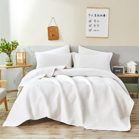 Diamond White Cotton Quilted Coverlet Bedcover Set Available in 4 Sizes