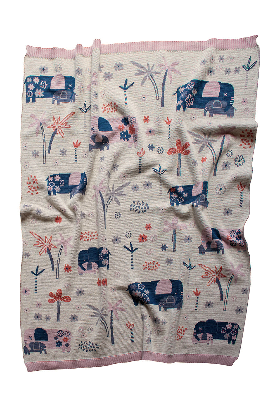 Ellie Family Cotton Knit Elephants Baby Blanket & Bonus Emma Heart Rattle