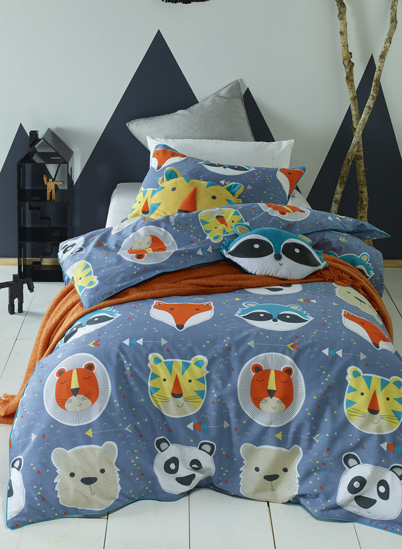 Funny Faces Cotton Blend Blue Quilt Cover Set