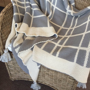 Indus Design Tassel Check Throw – 100% Cotton, Grey & Natural