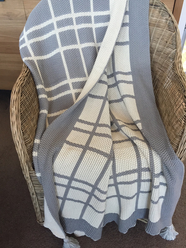 Indus Design Tassel Check Throw – 100% Cotton, Grey & Natural