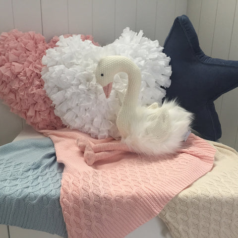 Soft Cotton Knit Baby Blankets in Blue Pink or Natural & Bonus Emma Heart Rattle