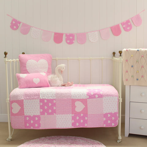 Lucy Pink Hearts Cot Quilt Nursery Crib Bed Linen