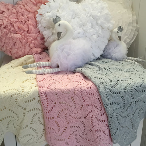 Crochet Swirl Baby Blanket in Blue Pink or Cream with bonus Emma Heart Shaped Rattle