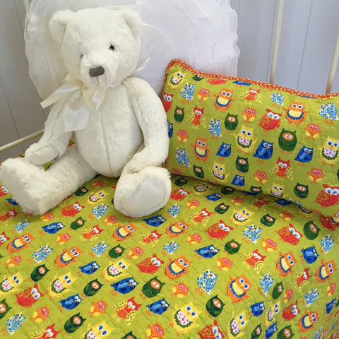 Two Piece Owl Green Cot Quilt & Small Filled Rectangle Cushion