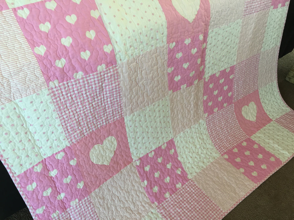 Lucy Pink & White Hearts Patchwork Cotton Quilted Throw Rug